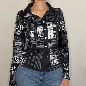 Graphic newspaper print button up blouse